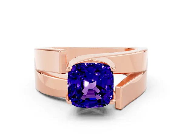Modern Tension Set Cushion Cut Tanzanite Solitaire Wide Band Ring Rose gold