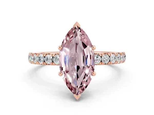 Marquise Cut Morganite Pave Band Solitaire Ring with Round and Prong Setting Rose gold