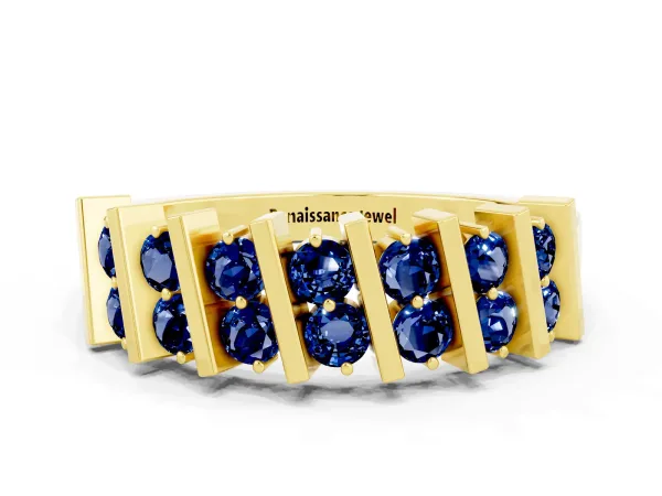 Channel Set Round Blue Sapphire Anniversary Band with Vertical Prongs Yellow gold