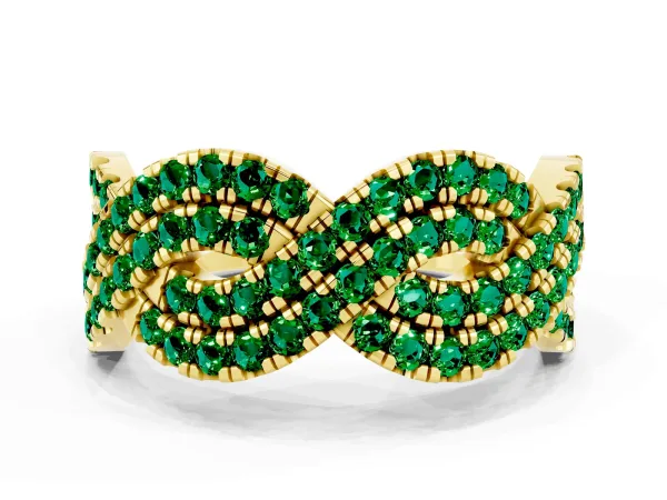 Pavé Round Emerald Infinity Twist Band with Shared Prong Setting Yellow gold