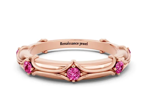 Round Pink Sapphire Prong Set Milgrain Eternity Band Rose gold