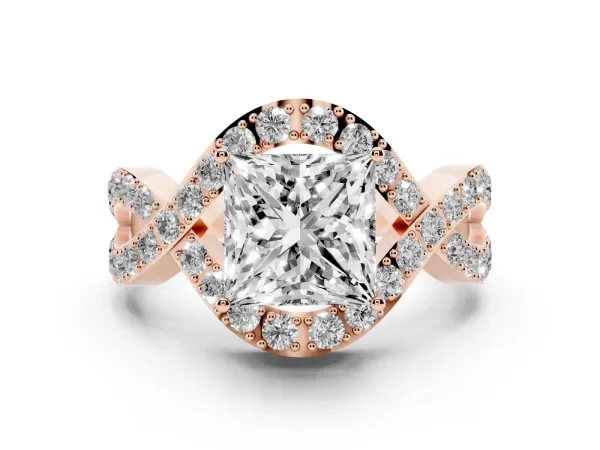 Princess Cut Solitaire Twist Band Pavé Diamond Engagement Ring Rose gold