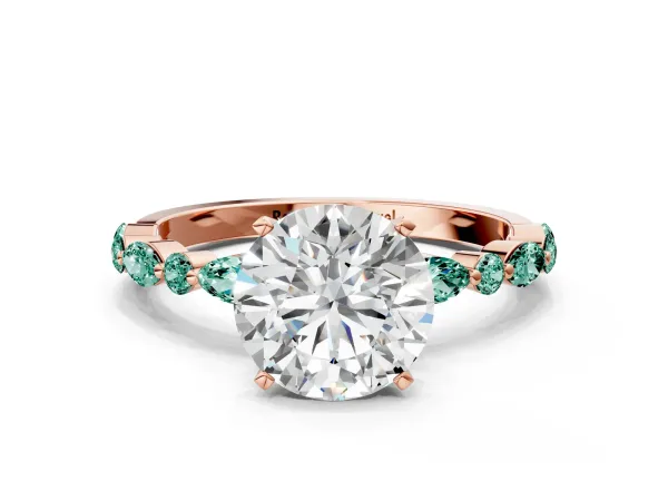Round Cut Diamond Ring with Marquise and Round Green Sapphire Side Stones and Four-Prong Setting Rose gold