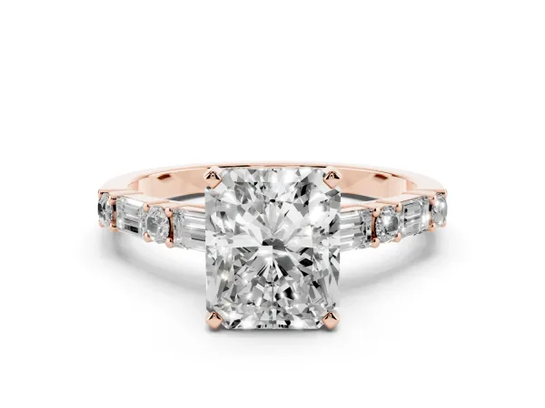 Radiant Cut Diamond Solitaire with Side Baguettes and Channel Set Band Rose gold