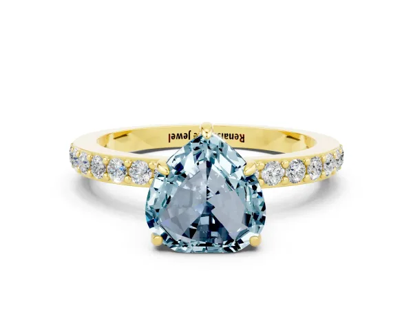 Heart Cut Aquamarine Solitaire Engagement Ring with Pavé Band and Four-Prong Setting Yellow gold
