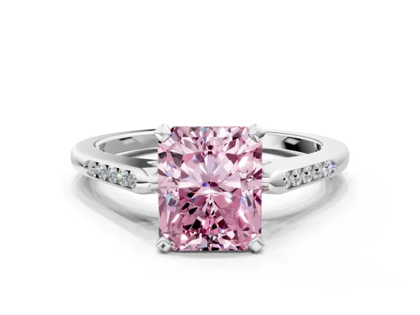 Fancy Pink Radiant Cut Diamond Solitaire Ring with Channel Set Round Band and Prong Setting White gold