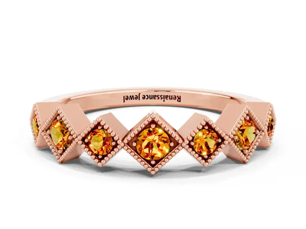 Milgrain Square Bezel Round Citrine Chevron Band Rose gold