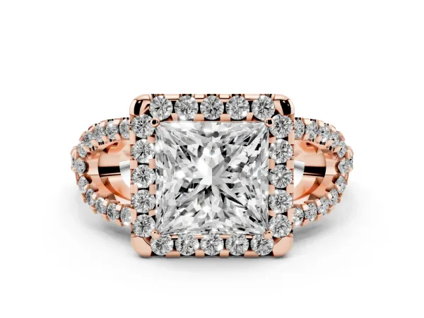 Princess Cut Cut Diamond Halo Engagement Ring with Open Split Pavé Band Rose gold