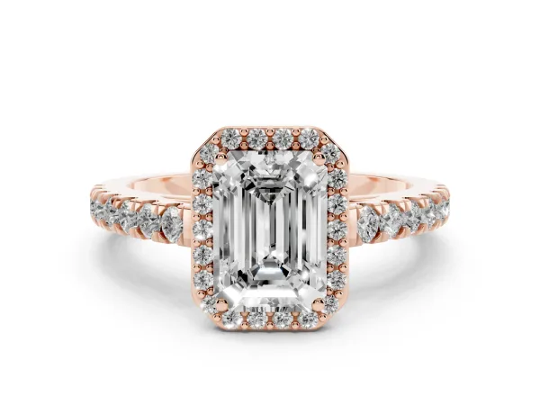 Emerald Cut Cut Halo Diamond Engagement Ring with Pave Band and Four-Prong Setting Rose gold