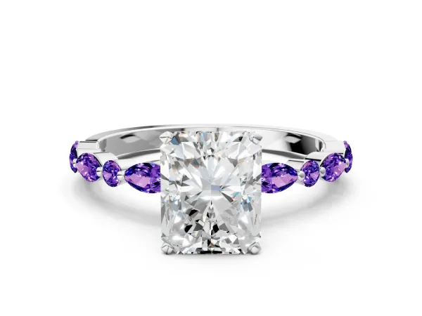 Radiant Cut Diamond Ring with Marquise and Round Tanzanite Side Stones and Four-Prong Setting White gold
