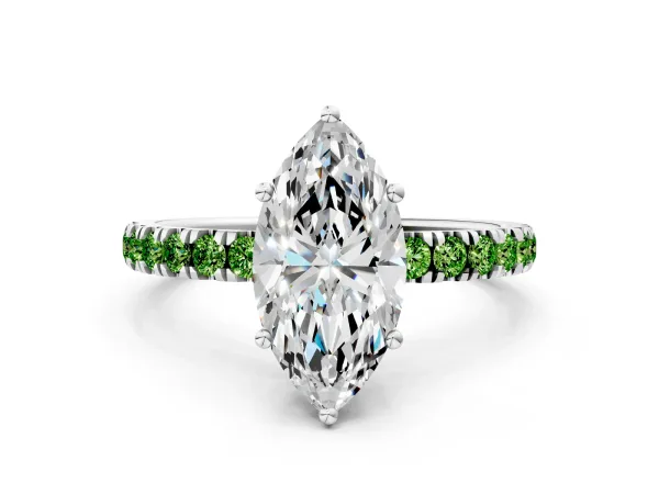 Marquise Cut Diamond Pave Band Solitaire Ring with Round Peridot and Prong Setting White gold