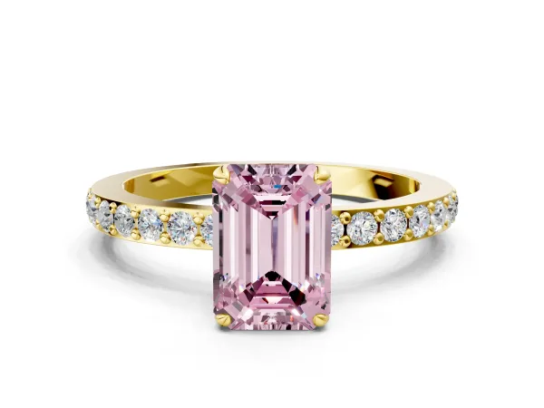 Fancy Pink Emerald Cut Diamond Solitaire Engagement Ring with Pavé Band and Four-Prong Setting Yellow gold