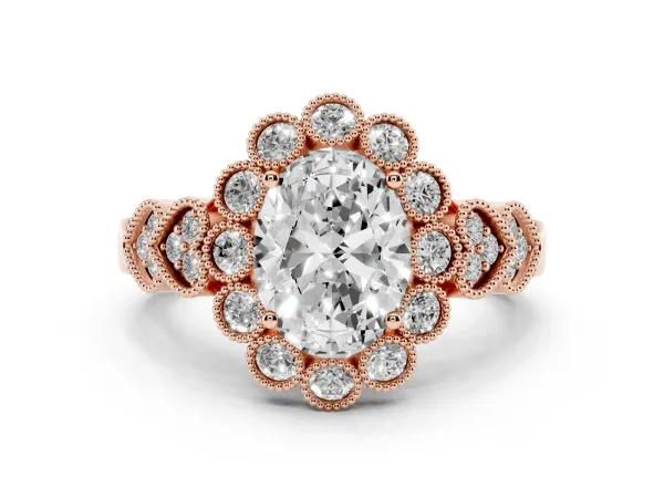 Oval Cut Brilliant Milgrain Pave Heart Band Solitaire Ring Rose gold
