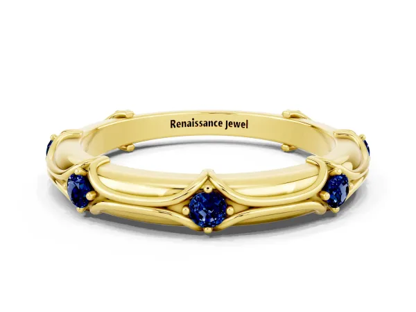 Round Blue Sapphire Prong Set Milgrain Eternity Band Yellow gold
