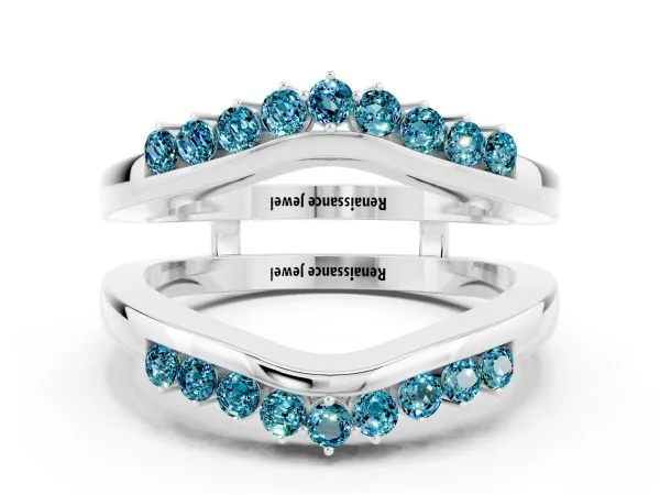 Round Blue Topaz Chevron Contour Band with Prong Setting Platinum