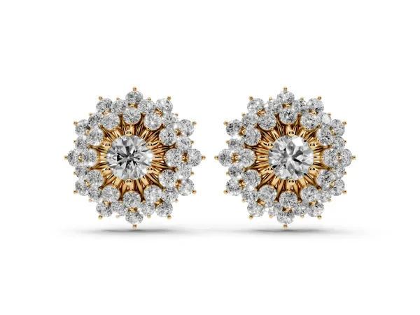 Round Diamond Sunburst Stud Earrings Yellow gold