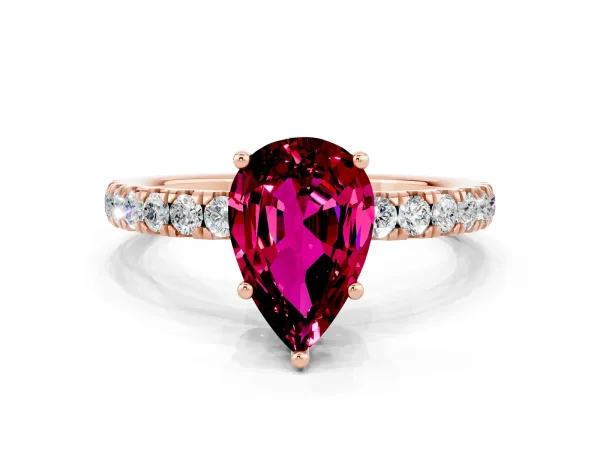 Pear Cut Garnet Pave Band Solitaire Ring with Round and Prong Setting Rose gold