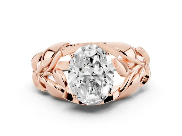 Oval Cut Diamond Leaf-Inspired Engagement Ring with Round Accents and Prong Setting Rose gold