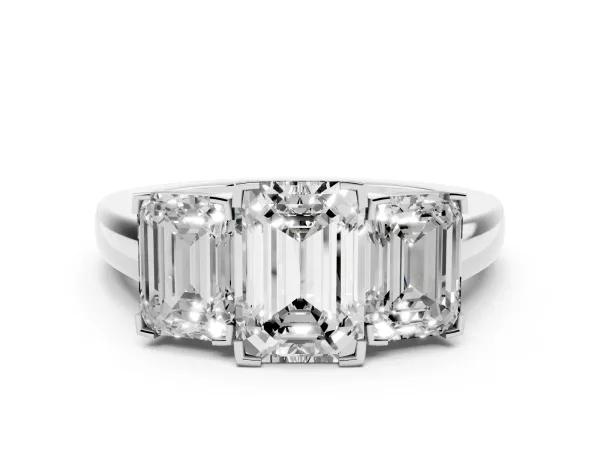 Three-Stone Emerald Cut Cut Diamond Ring with Channel Set Band and Four-Prong Setting White gold