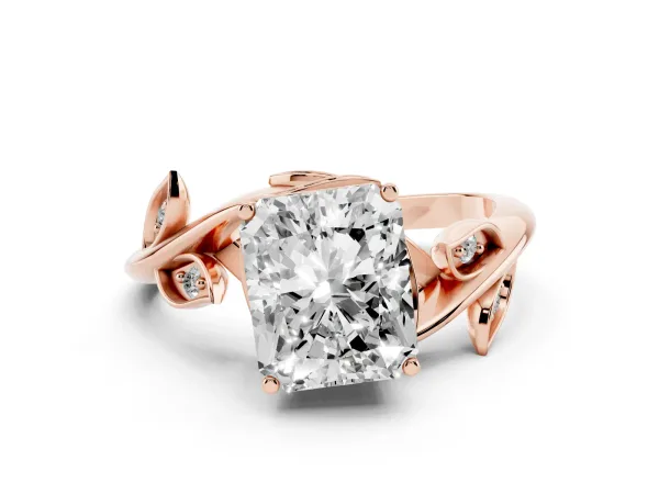 Radiant Cut Solitaire Twist Engagement Ring with Leaf Accents and Prong Setting Rose gold