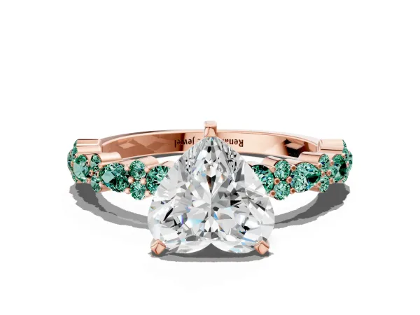 Heart Cut Diamond Side Stone Solitaire Ring with Round Green Sapphire and Four-Prong Setting Rose gold