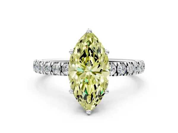Fancy Yellow Marquise Cut Diamond Pave Band Solitaire Ring with Round and Prong Setting White gold