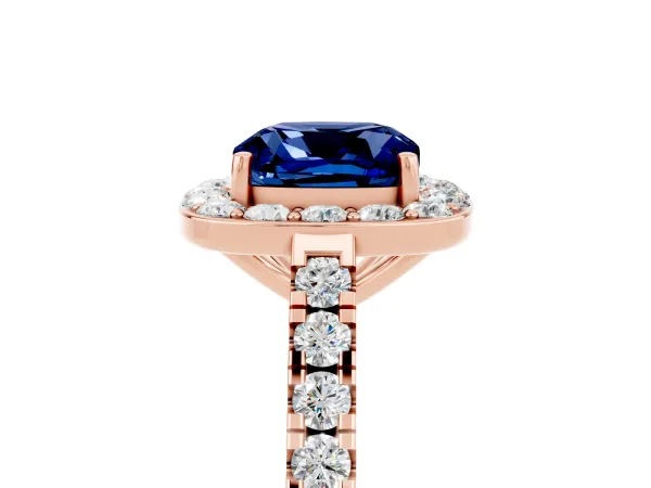 Cushion Cut Blue Sapphire Halo Ring with Round Pavé Split Shank and Prong Setting Rose gold