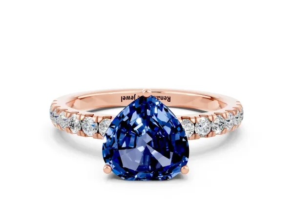 Heart Cut Blue Sapphire Pave Band Solitaire Ring with Round and Prong Setting Rose gold