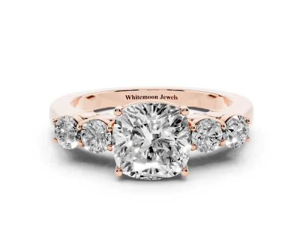 Cushion Cut Cut Diamond Five-Stone Prong Set White Gold Ring Rose gold
