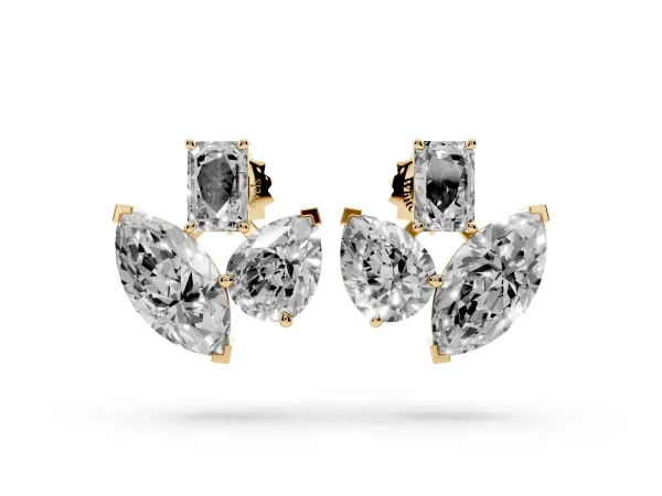 Emerald, Marquise and Pear Diamond Mosaic Three Stone Fan Earrings Yellow gold