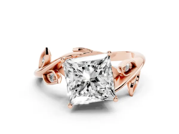 Princess Cut Solitaire Twist Engagement Ring with Leaf Accents and Prong Setting Rose gold