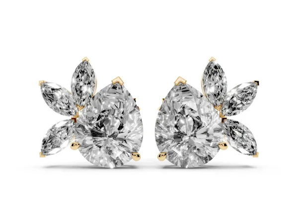 Pear Diamond Fan Stud Earrings with Marquise Lab Grown Diamond Accents Yellow gold