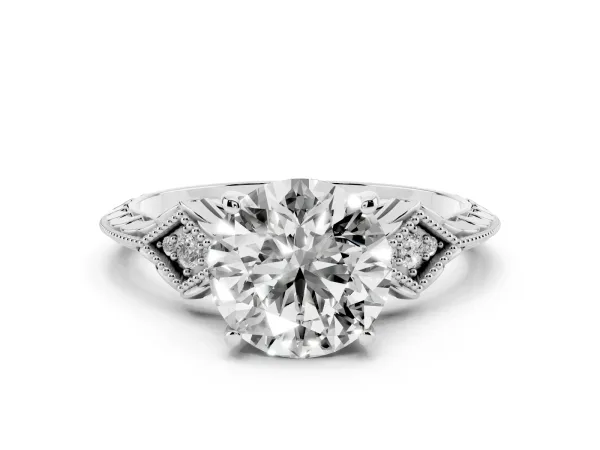 Round Cut Solitaire Diamond Ring with Milgrain Band and Four-Prong Setting Platinum