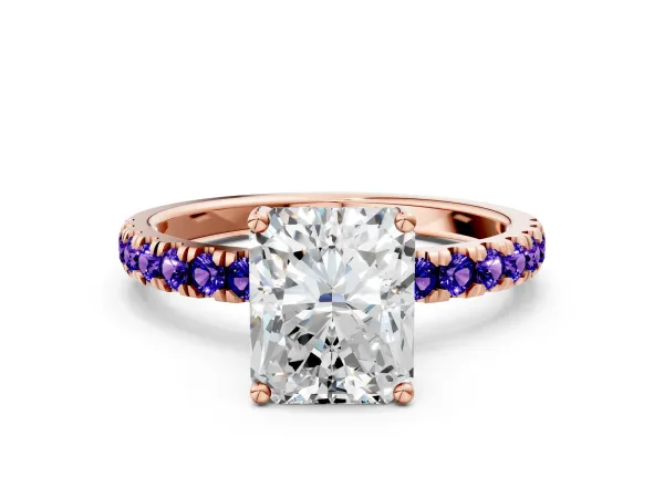 Radiant Cut Diamond Pave Band Solitaire Ring with Round Tanzanite and Prong Setting Rose gold