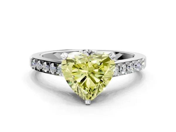 Fancy Yellow Heart Cut Diamond Solitaire Ring with Crossover Gallery and Round Pavé Band Silver