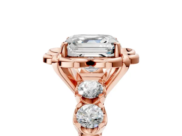 Asscher Cut Cut Diamond Floral Halo Engagement Ring with Shared Prong Setting Rose gold