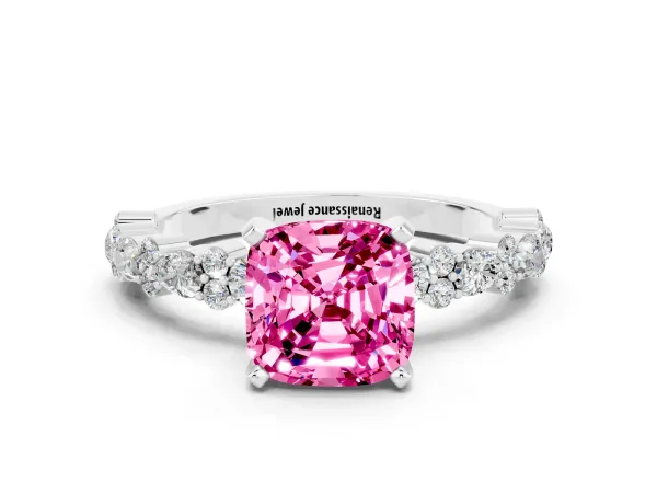 Cushion Cut Pink Sapphire Side Stone Solitaire Ring with Round and Four-Prong Setting Platinum