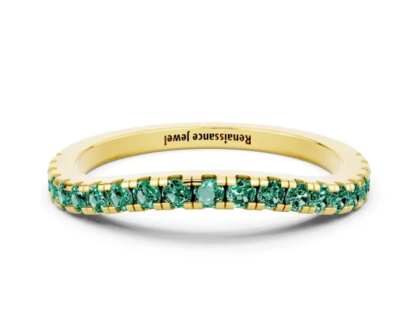 Round Green Sapphire Pavé Half Eternity Band with Shared Prong Setting Yellow gold