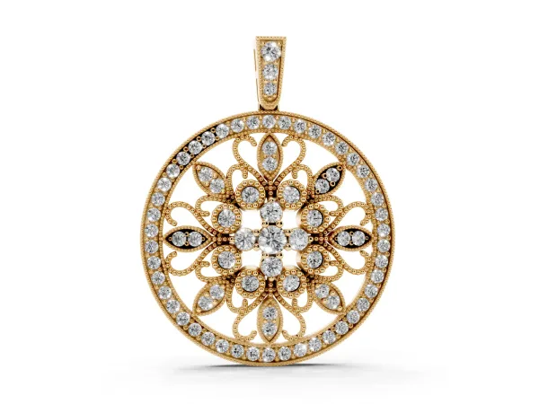Round Pavé Diamond Filigree Pendant Yellow gold