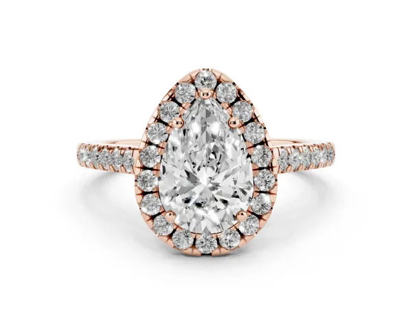 Pear Cut Halo Pavé Diamond Engagement Ring with Four-Prong Setting Rose gold