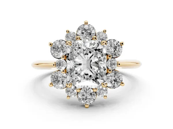 Radiant Cut Diamond Cluster Halo Ring with Solitaire Band and Four-Prong Setting Yellow gold