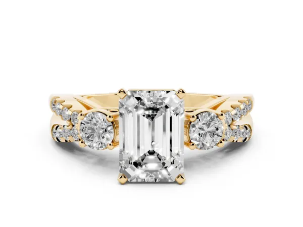 Emerald Cut Diamond Three-Stone Ring with Pavé Split Shank and Four-Prong Setting Yellow gold