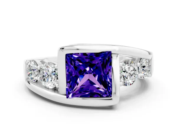 Bezel Set Princess Cut Tanzanite Bypass Ring with Round Accents Platinum