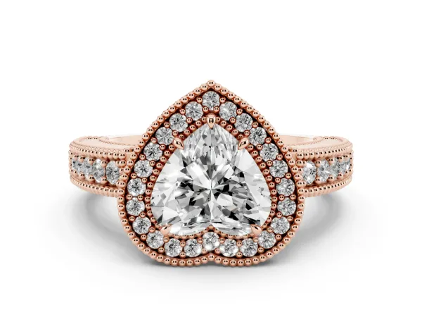 Heart Cut Cut Halo Diamond Ring with Pavé Band and Four-Prong Setting Rose gold