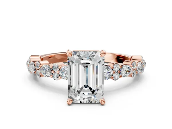 Emerald Cut Diamond Side Stone Solitaire Ring with Round and Four-Prong Setting Rose gold