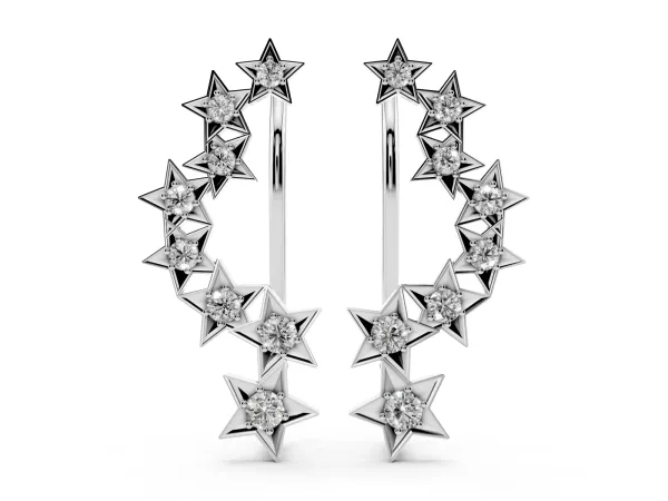 Star Cluster Diamond Crescent Earrings with Round Cut Stones on a Curved Band and Prong Setting Silver