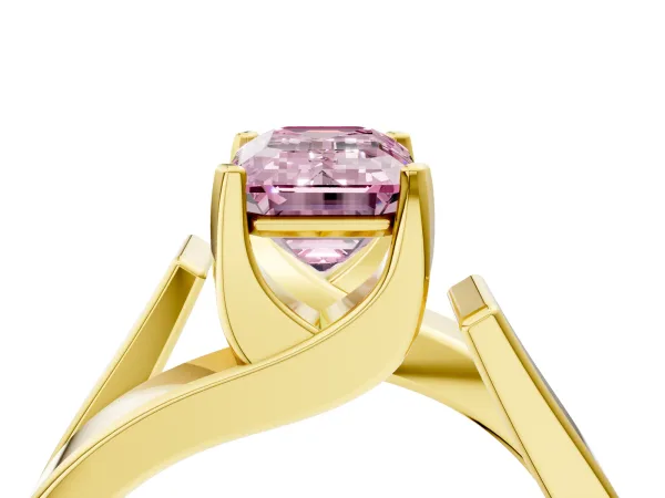 Fancy Pink Modern Tension Set Emerald Cut Diamond Solitaire Wide Band Ring Yellow gold