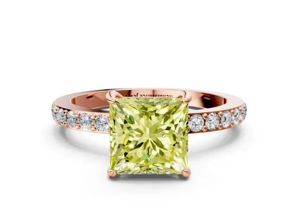 Fancy Yellow Princess Cut Diamond Solitaire Engagement Ring with Pavé Band and Four-Prong Setting Rose gold