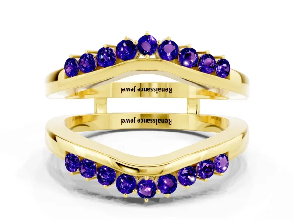 Round Tanzanite Chevron Contour Band with Prong Setting Yellow gold