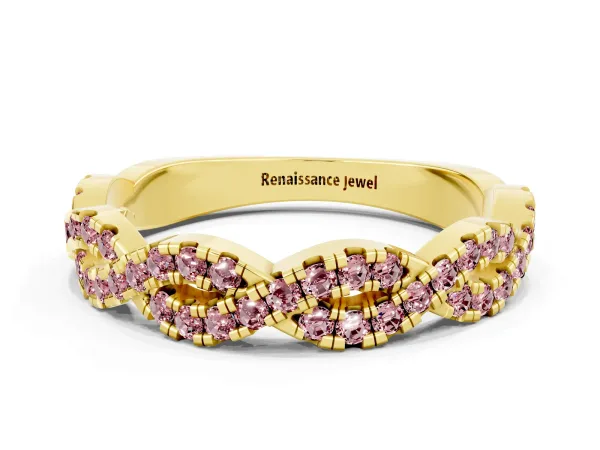 Round Morganite Twisted Eternity Band with Pavé and Shared Prong Setting Yellow gold